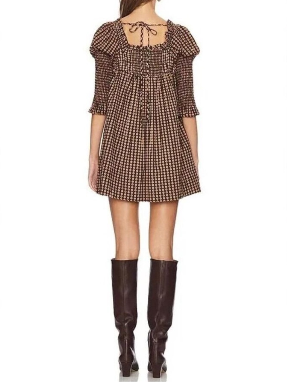 Free People Women’s Star Dip Mini Dress in Black Brown Combo Retro Babydoll Sz M - Picture 7 of 14